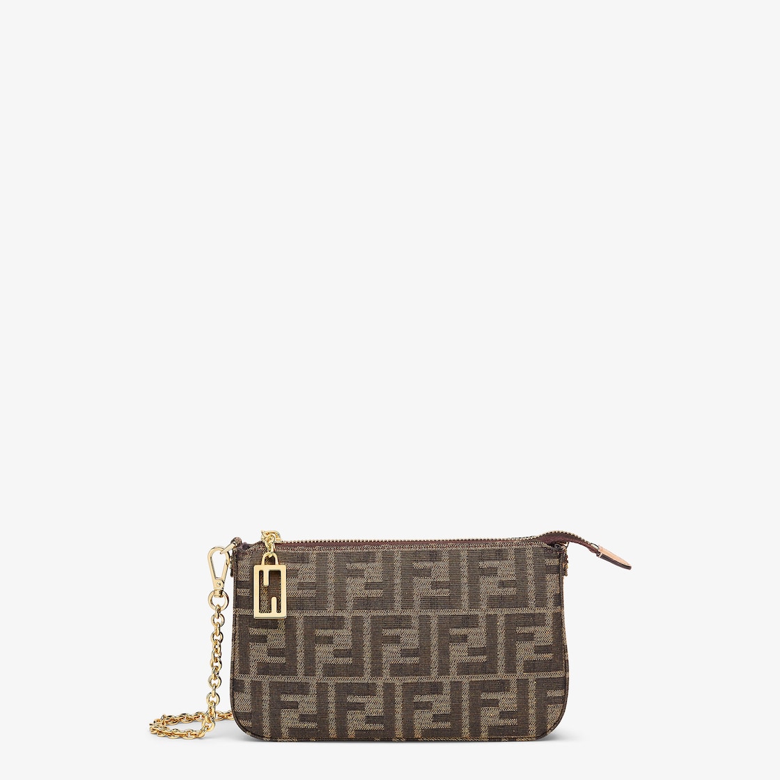 FENDI Baguette Pouch Brown jacquard FF fabric clutch with chain - Image 1